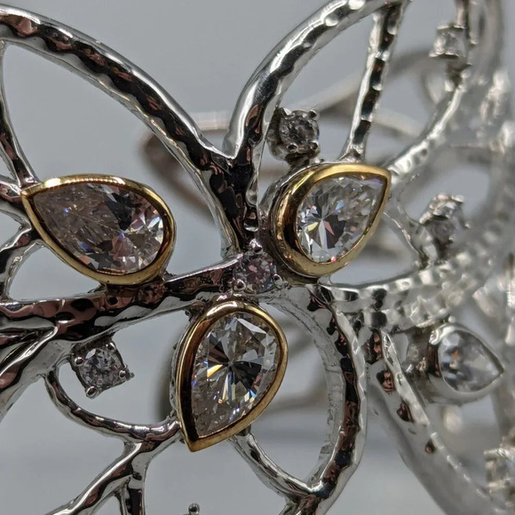 Silver Leaf Filigree Cuff Bracelet w/ 14K Gold Detail Cubic Zirconia - Picture 7 of 10